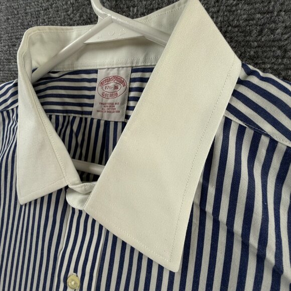 Brooks Brothers Striped Non-Iron Point Cotton Traditional 17.5 36 Blue Men Shirt - Picture 8 of 16